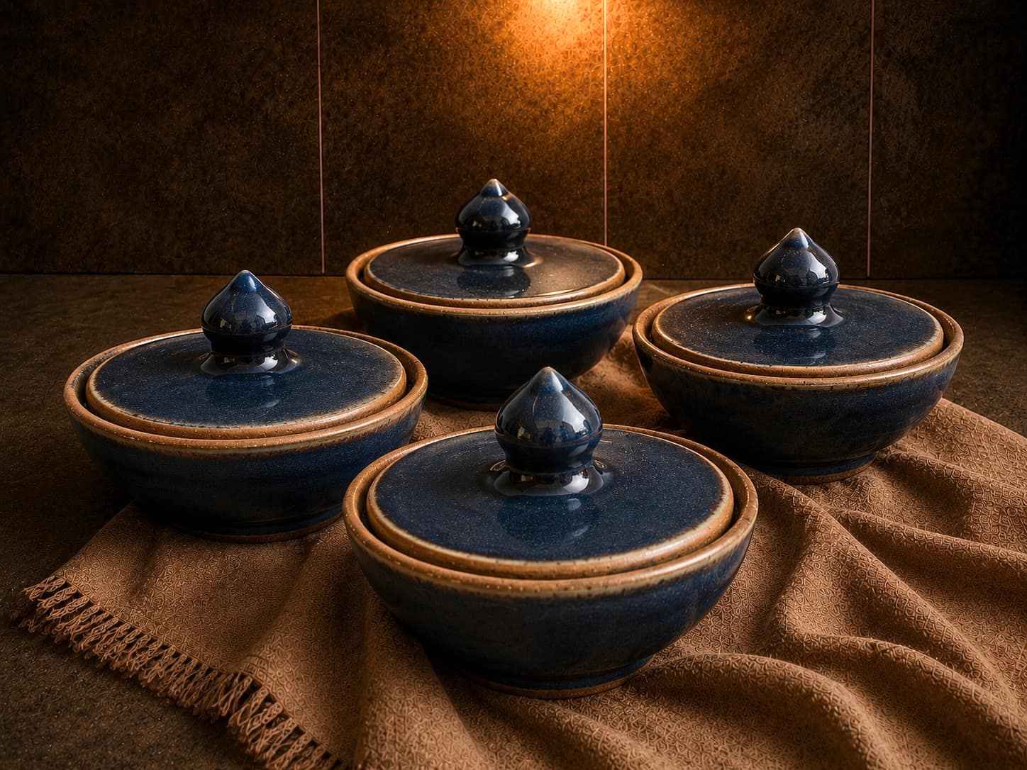 Tableware editorial still — ceramics on linen
