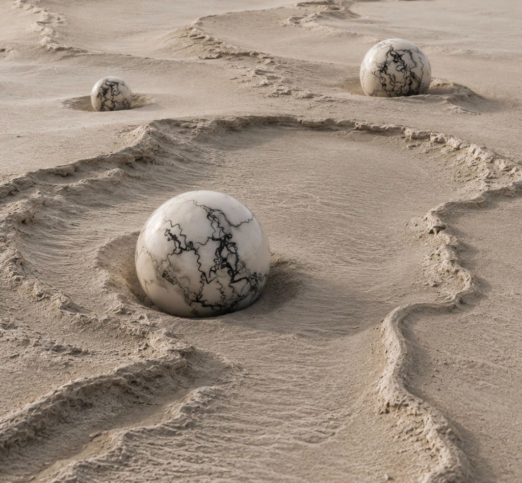 Marbled ceramic spheres in sand — installation by Raajlakshmi